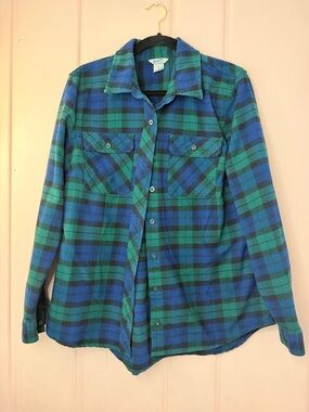 Duluth Trading Co Blue and Green Plaid Button-Down Shirt SzLarge